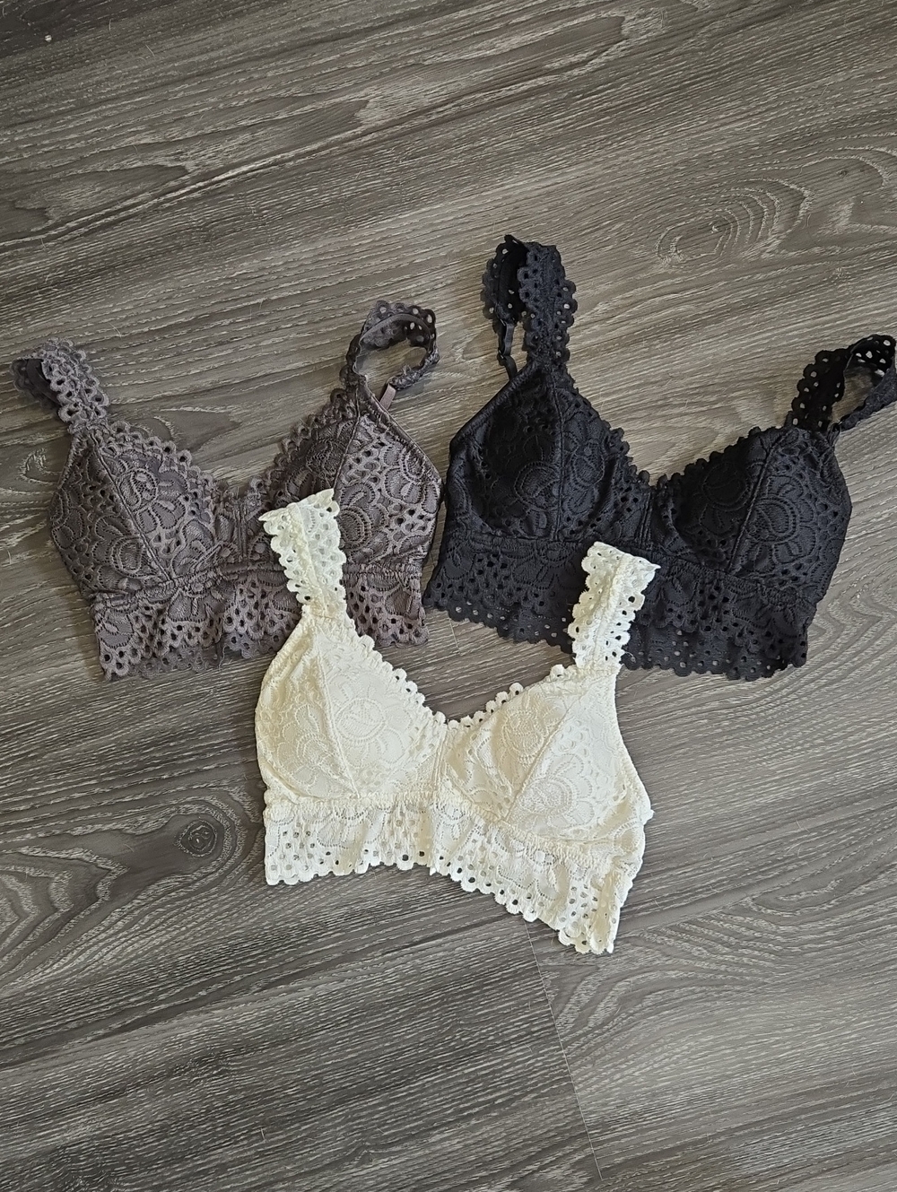 Lace Bralette Trio — Black, Grey And White Wireless Bras Shirt Top Crop